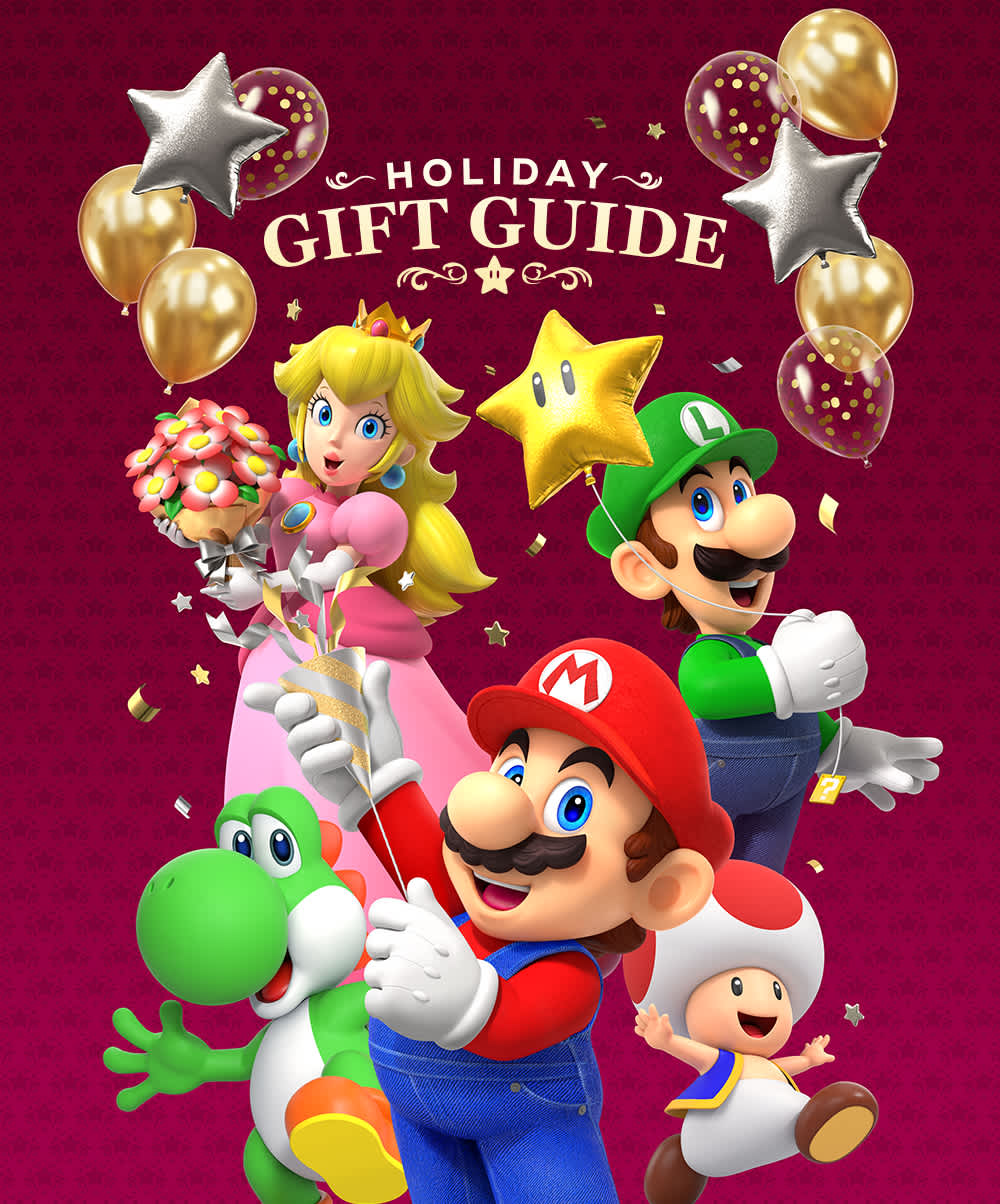 Mario and friends with presents and holiday decor. Text says Happy Holidays
